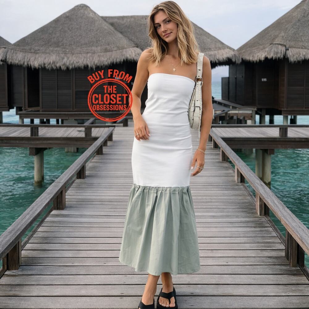 ZARA Strapless Pleated Midi Dress NWT – White & Sage Green – Sizes M & L - Picture 9 of 16